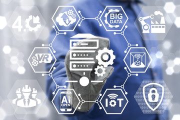Big data server industry 4.0 concept. Industrial database integration. Computing information manufacturing robotic automation engineering technology. Worker touched Server gear icon on virtual screen