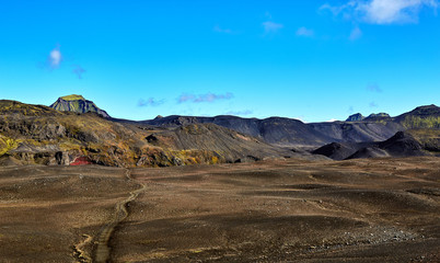 Travel to Iceland. Beautiful Icelandic landscape with mountains, sky and clouds. Trekking in national park Landmannalaugar