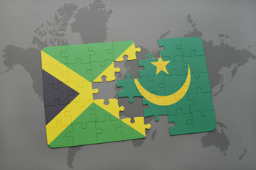 puzzle with the national flag of jamaica and mauritania on a world map