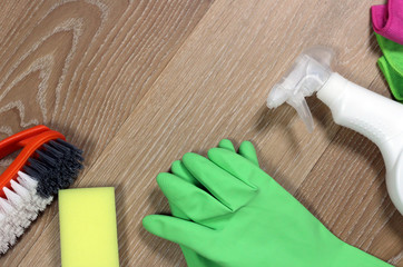 Cleaning products  on wooden floor