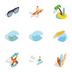 Summer boarding on waves icons set