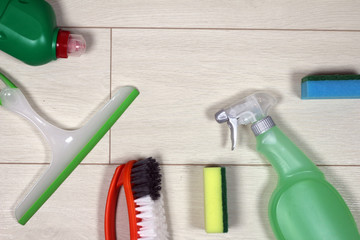 Cleaning products  on wooden floor