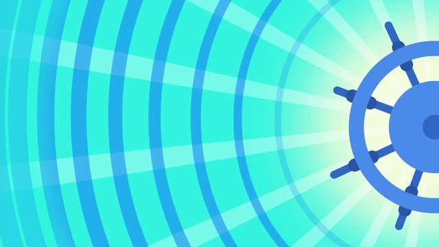 Animation of colorful cartoon ship's helm rotation with circle waves and sunburst in the background loop with copy space. Abstract illustrated Marine Background. Steering Wheel background.