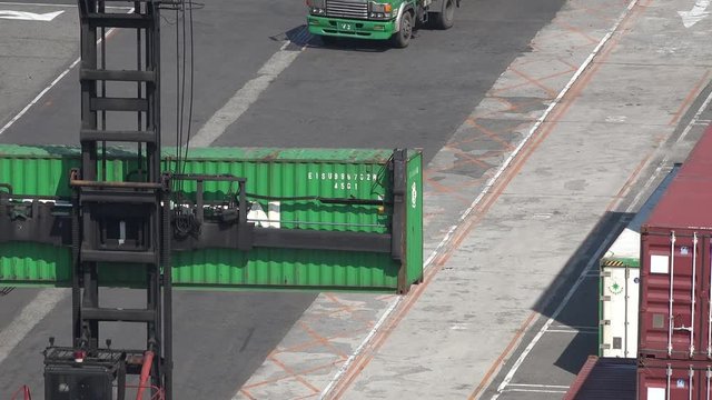 A reach stacker is carrying a container in the Port of Kaohsiung the largest harbor in Taiwan that has an annual handling capacity 10 million containers. 4K