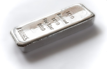 Silver bullion bar on a white background.