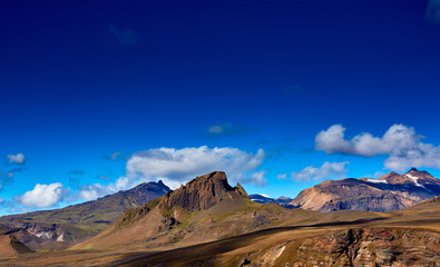 Travel to Iceland. Beautiful Icelandic landscape with mountains, sky and clouds. Trekking in national park Landmannalaugar