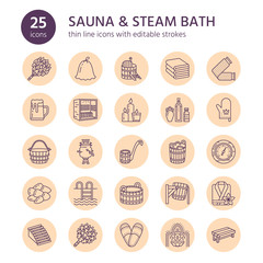 Sauna, steam bath line icons. Bathroom equipment birch, oak birch, bucket. Hammam, japanese, finnish, russian, infrared sauna sign. Spa relaxation accessories bathrobe, essential oils thin linear sign