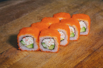 sushi on a wooden tray
