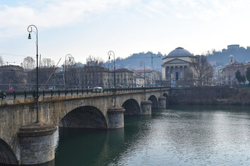 The church of Gran Madre di Dio (Big Mother of God) and a the bridge Vittorio Emanuele I on river Po in Torino, Italy.