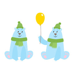Set of cartoon polar bears with hat an scarf.