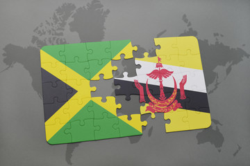 puzzle with the national flag of jamaica and brunei on a world map