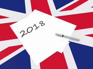 Year 2018 Note With Pen On UK Flag Union Jack, 3d illustration