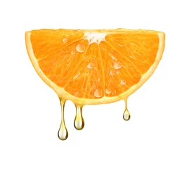 Tuinposter drops of juice falling from orange half isolated on white background © Krafla