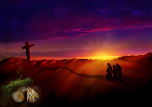 Cross on a hill at dawn, with empty tomb in a garden. Dark abstract artistic watercolor style illustration of Calvary hill on Easter morning.