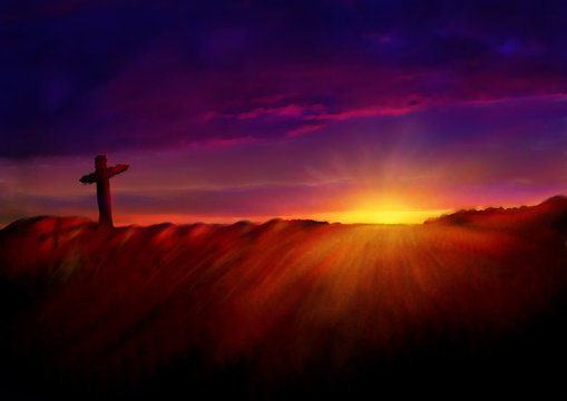 Cross on a hill at dawn. Dark abstract artistic watercolor style illustration of Calvary hill on Easter morning.