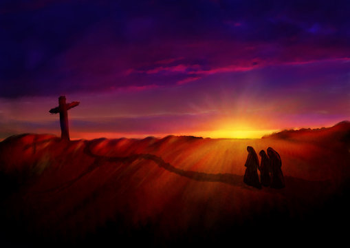 Cross on a hill at dawn. Dark abstract artistic watercolor style illustration of Calvary hill on Easter morning.