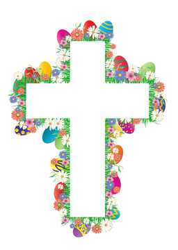 Easter Resurrection Cross With Flowers And Painted Easter Eggs.