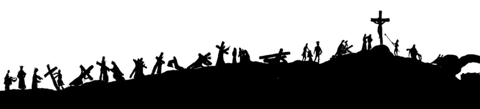 Way of the cross or stations of the cross silhouettes of Jesus Christ carrying his cross on Calvary hill. Abstract religious Lent illustration.