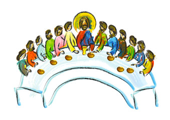 Last supper of Jesus Christ with twelve apostles on Holy or Maundy Thursday. Abstract artistic digital illustration.