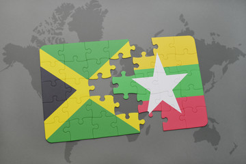 puzzle with the national flag of jamaica and myanmar on a world map