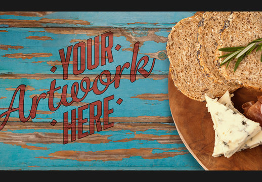 Bread on Weathered Blue Table Mockup