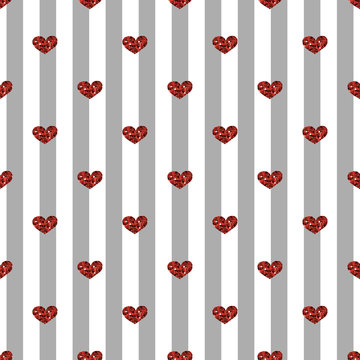 seamless red glitter heart pattern on gey stripe background