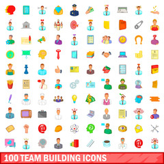 100 team building icons set, cartoon style