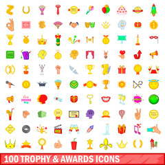 100 trophy and awards icons set, cartoon style