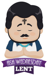 Man Praying with Cross in his Forehead on Ash Wednesday, Vector Illustration