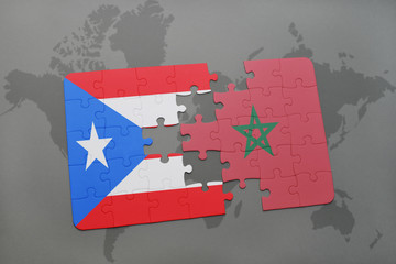 puzzle with the national flag of puerto rico and morocco on a world map