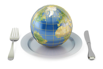 Earth globe on a plate with fork and knife. International cuisine concept, 3D rendering