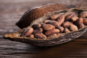 Cocoa pod on wooden table
