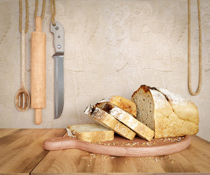 Fresh bread with oat sliced on a slate cutting board photo background copy space