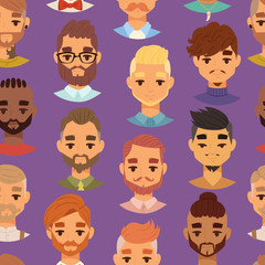 Character bearded man face avatar fashion hipster hairstyle head with mustache vector illustration seamless pattern