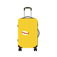 Travel tourism fashion baggage or luggage vacation handle leather big packing briefcase and voyage destination case bag on wheels vector illustration.