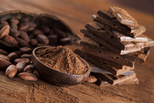 Bars Chocolate , candy sweet, dessert food on wooden background