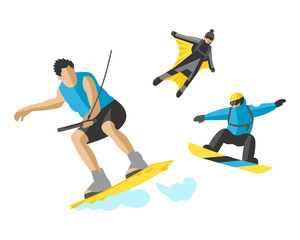 Fototapeta premium Vector drawing jumping extremesilhouettes illustration life skateboard set speed skydiver skateboarder roller skate wakeboard surfing flyboard