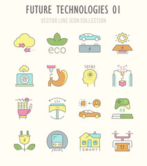 Set Vector Line Retro Flat Icons of Future Technologies.