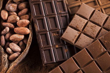 Chocolate bar, candy sweet, dessert food on wooden background