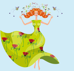Naklejka premium vector illustration with a beautiful young woman in long green dress