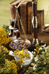 Herbal medicine on wooden desk background