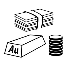 Valuables and money icon. Stack of coins, pile of bills and gold bullion. Vector Illustration