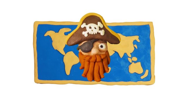 Funny Clay Pirate Had and world map. Pirate Party. Clay animation. 4K