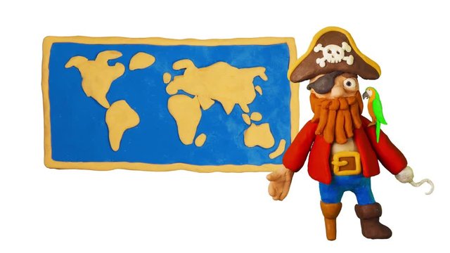 Funny Clay Pirate and world map. Pirate Party. Clay animation. 4K