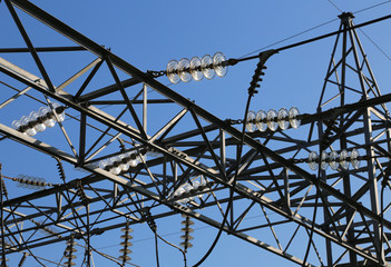 great pylon of high voltage cables with tempered glass insulator