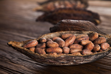 Cocoa pod on wooden table