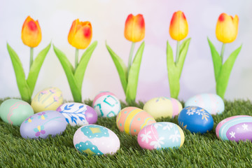 Easter Eggs With Tulips in Background
