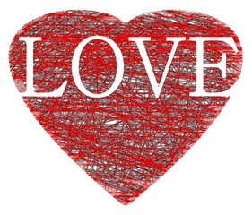 LOVE and RED HEART SYMBOL, Red and Black line Art on white background