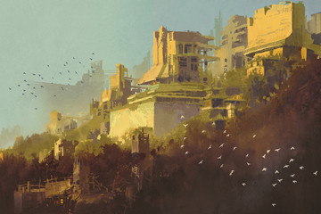 bâtiments abandonnés dans une ville futuriste au coucher du soleil, peinture d& 39 illustration de paysages de science-fiction
