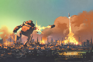 Fototapeta premium the giant robot launching rocket punch destroy the city,illustration painting